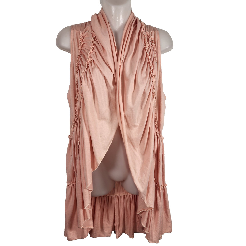 Cable & Gauge Women Peach Sleeveless Open Cardigan Vest Ruffle Cascading Size XL